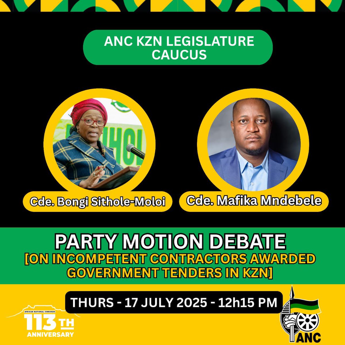 ANCKZN's tweet image. ANC KZN Legislature Caucus Debate on the Premier’s Report, on Communities in Distress due to floods.
Date: Thursday, 17 July 2025
Time: 12h15
#ANCAtWork
#LetsDoMoreTogether