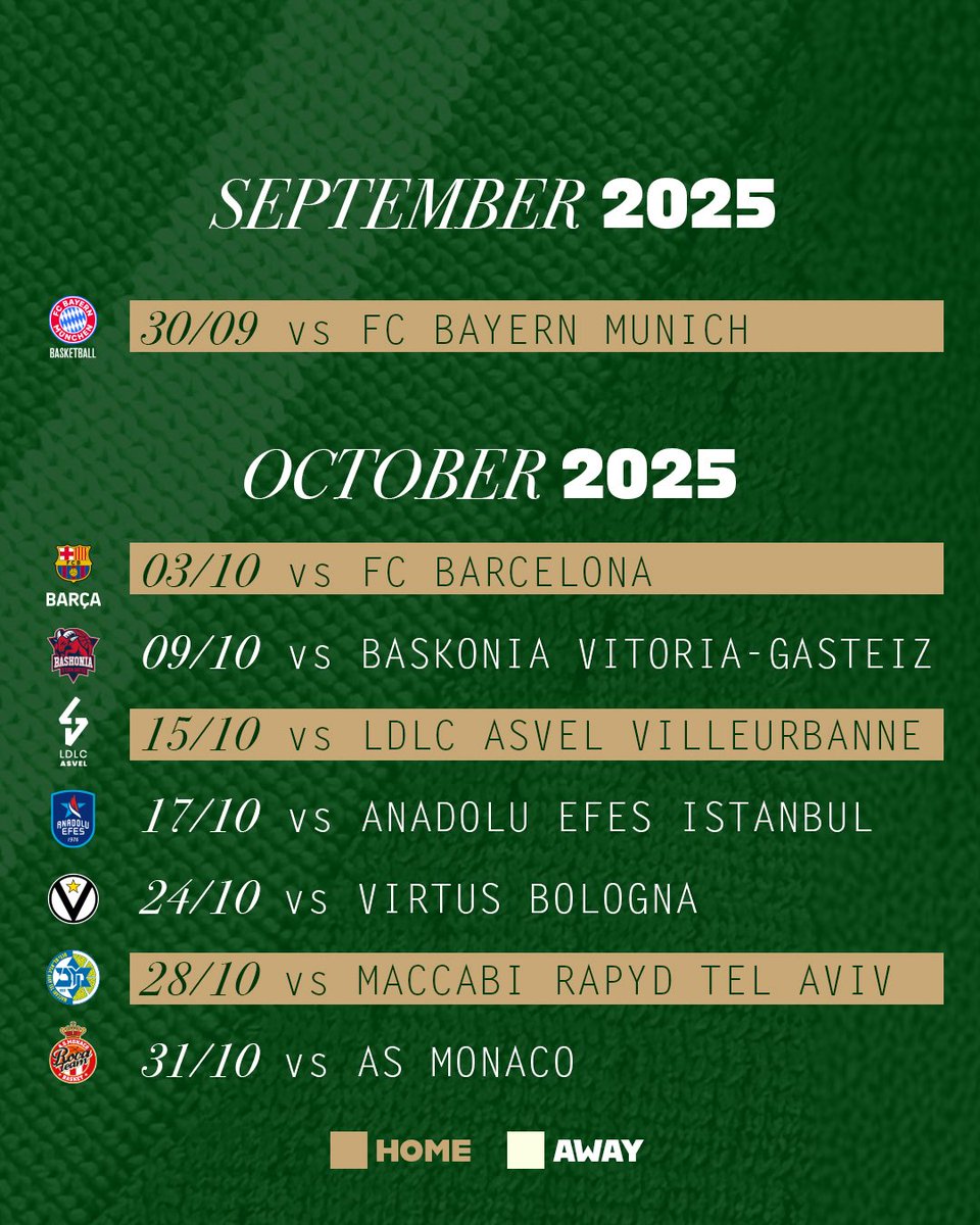 Paobcgr's tweet image. #PAOFans, time to save the dates 🗓️ ☘️
Our full schedule for the 2025/26 EuroLeague Regular Season is here.
R01 | vs FC BAYERN MUNICH
R02 | vs FC BARCELONA
R03 | @ BASKONIA VITORIA-GASTEIZ
R04 | vs LDLC ASVEL VILLEURBANNE
R05 | @ ANADOLU EFES ISTANBUL
R06 | @ VIRTUS BOLOGNA
R07…