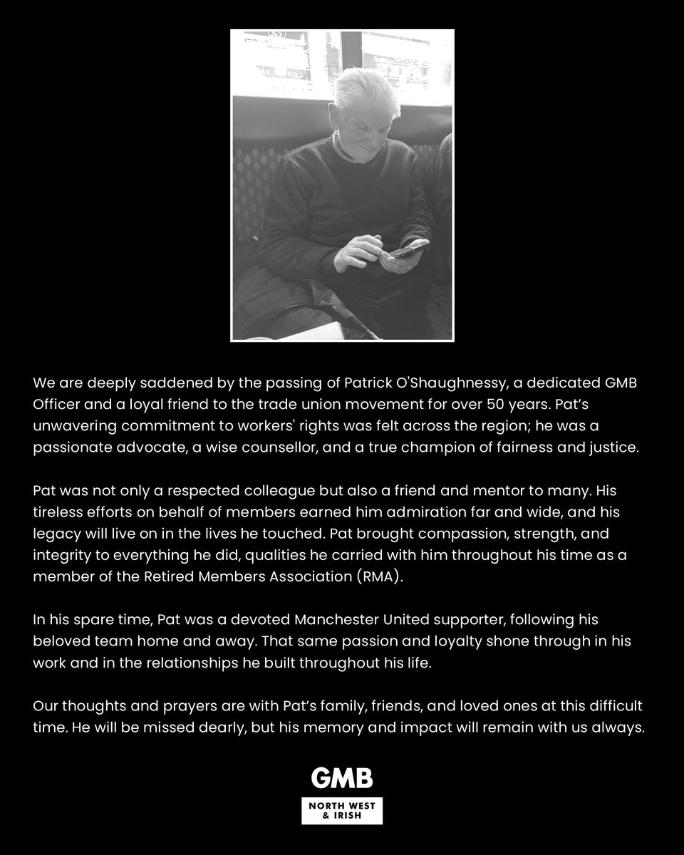 GMBNWI's tweet image. We will be celebrating the life of our dear friend and colleague, Pat O’Shaughnessy, on Thursday 24th July.
The day will begin with Requiem Mass at 12 noon at:
Our Lady of Dolours Servite Parish
Servite Priory,
500 Bury New Road,
Salford, M7 4ND
This will be followed by the…