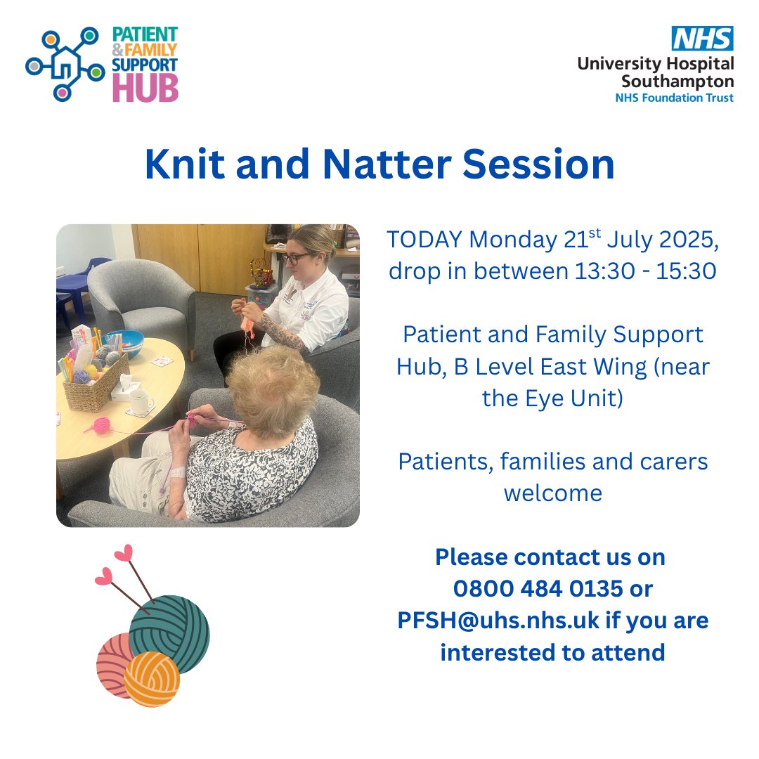 UHS_SupportHub's tweet image. We have our bi-weekly Monday knit and natter session this afternoon in the Patient and Family Support Hub 🧶Come and learn to knit or crochet a square, bring a current project, or just come for a natter! Details below: 👇❤️