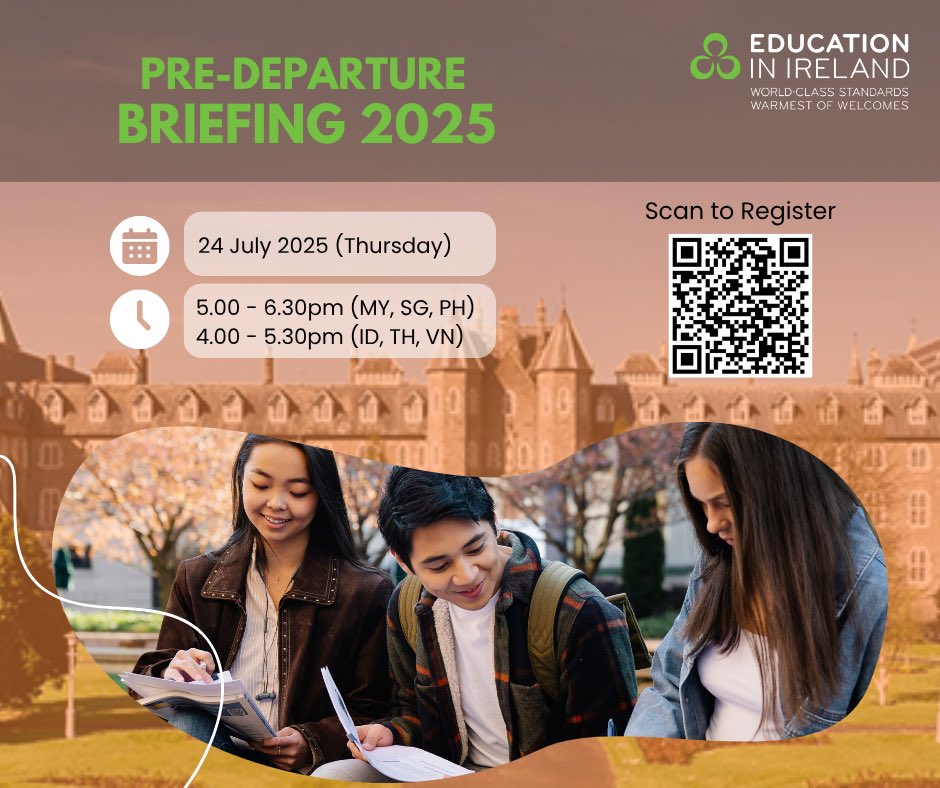 Irish Embassy Manila (@irlembmanila) on Twitter photo 📢 Calling all students bound for Ireland!
Join <a href="/EduIreland/">Education in Ireland</a> for a Pre-Departure Briefing on 24 July (Thursday) and get ready to discover the #MakingOfYou.
📌 Register now through the link below: forms.office.com/e/S5PSaxuCwb 📢 Calling all students bound for Ireland!
Join <a href="/EduIreland/">Education in Ireland</a> for a Pre-Departure Briefing on 24 July (Thursday) and get ready to discover the #MakingOfYou.
📌 Register now through the link below: forms.office.com/e/S5PSaxuCwb