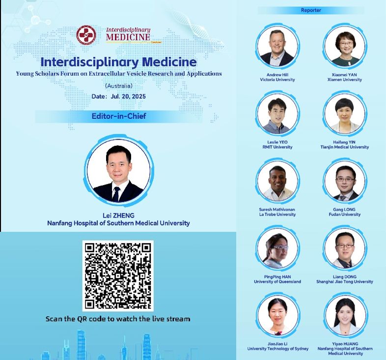 IsevOrg's tweet image. Check out the Young Scholars Forum on Extracellular Vesicle Research and Applications, coming Saturday 20 July, featuring Australian and Chinese researchers.
Scan the QR code below to watch the livestream.
More info: isev.org/index.php?opti…