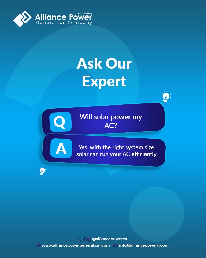 AlliancePowerCo's tweet image. Yes, your solar system can run appliances like fridges and ACs when sized right! Ask us anything, and we’ll guide you through.

💬 Drop your questions below.

#SolarAnswers #AskAPGC #EnergyEducation