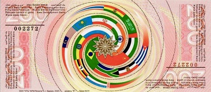 ToilyKurbanov's tweet image. A BRICS currency? Still a long way off. No consensus, no infrastructure—just a line in the Rio Declaration to “continue the discussion” on cross-border payments.
Yet a printing house in Russia created souvenir ‘brics’ notes to “visually and conceptually unite multipolarity,…