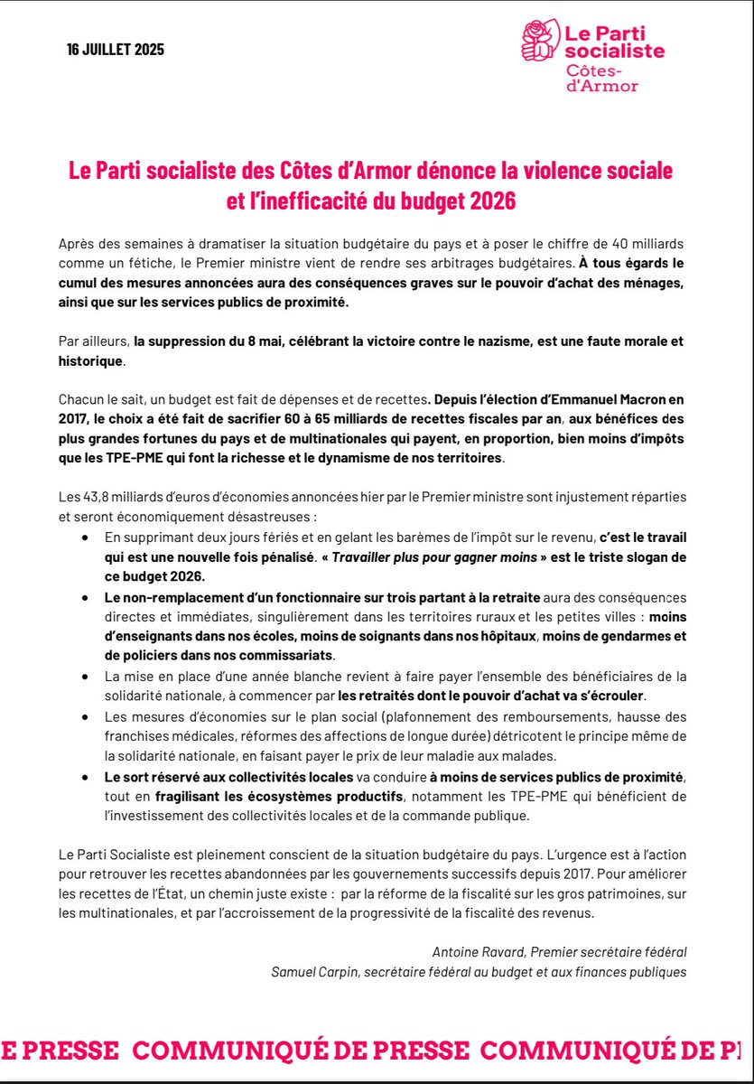 Un budget d’une violence sociale extraordinaire, qui pénalise les travailleurs, les retraités, les bénéficiaires de la solidarité nationale, les victimes d’affection longue durée et les TPE-PME qui seront les premières victimes de la contraction des finances des collectivités.