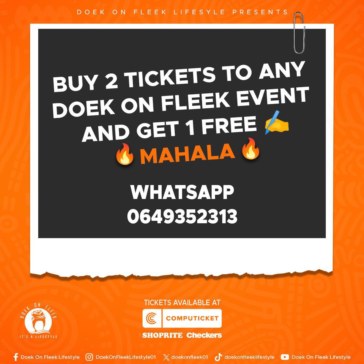 doekonfleek01's tweet image. WhatsApp 0649352313 to buy 🎟️
Or Headover to Shoprite, Checkers, USAVE and Computicket:
shorturl.at/M6FT6
Join our WhatsApp channel for updates :
shorturl.at/WqQ6u