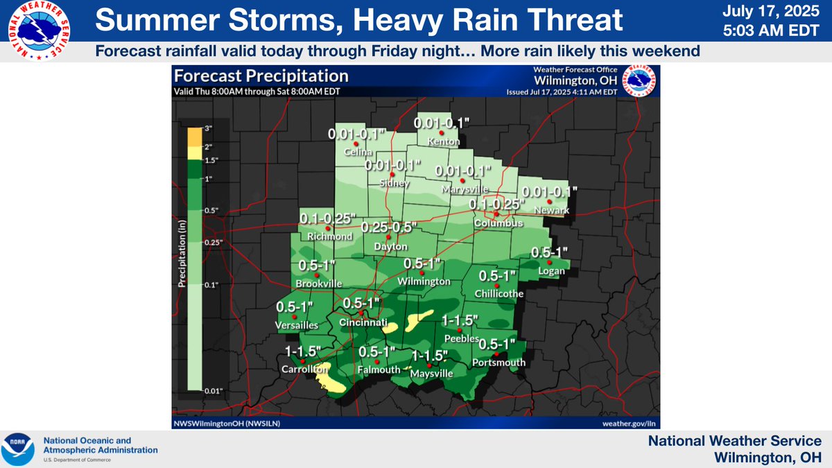 Thunderstorms, some with heavy rain, are likely today through Friday... especially south of Interstate 70.