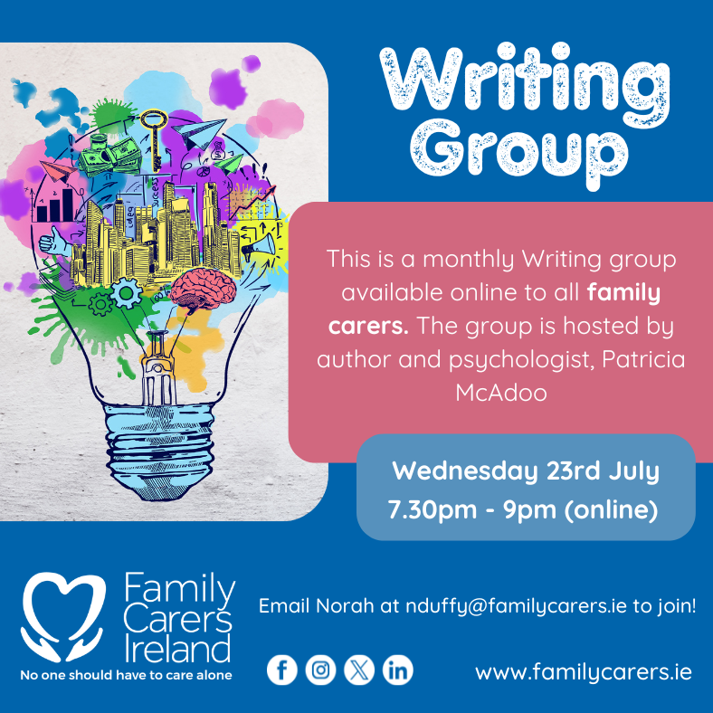 CarersIreland's tweet image. ✍️Our monthly writing group for family carers meets again on Wednesday 23rd July at 7.30pm via Zoom. If you're not already involved, you can sign up today by contacting Norah at nduffy@familycarers.ie or 086 1037456.