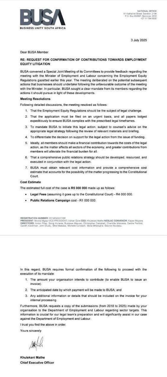 KhuselaS's tweet image. Came across this correspondence on these streets. It’s from @BusinessUnitySA to its members. Amongst many things I find intriguing in it is the recognition of the need to develop a PR strategy alongside a legal strategy to fight a progressive policy. We keep saying that the…