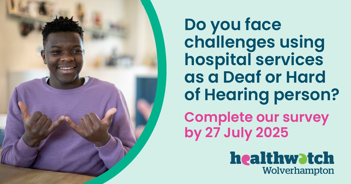 Healthwatch Wolverhampton (@hwwolverhampton) on Twitter photo Are you Deaf or Hard of Hearing in #Wolverhampton ? There is still time to complete our survey on your experiences of using local hospital services. Deadline extended to 27 July. bit.ly/45jKmb8
The power is in your hands. Our survey is available in English text and BSL. Are you Deaf or Hard of Hearing in #Wolverhampton ? There is still time to complete our survey on your experiences of using local hospital services. Deadline extended to 27 July. bit.ly/45jKmb8
The power is in your hands. Our survey is available in English text and BSL.