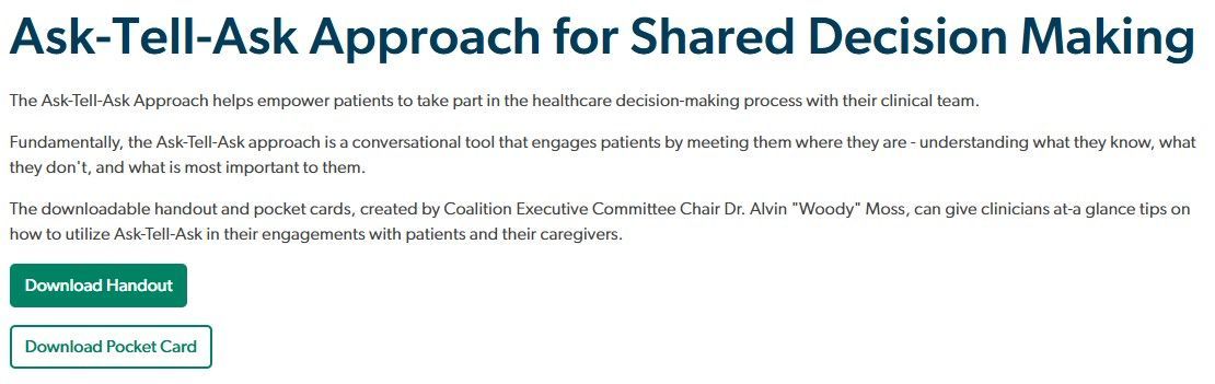 kidneycoalition's tweet image. The Ask-Tell-Ask Approach helps empower patients to take part in the healthcare decision-making process with their clinical team. You can download Ask-Tell-Ask handouts and pocket guides from the Coalition #patientcentered kidneysupportivecare.org/ask-tell-ask-a…