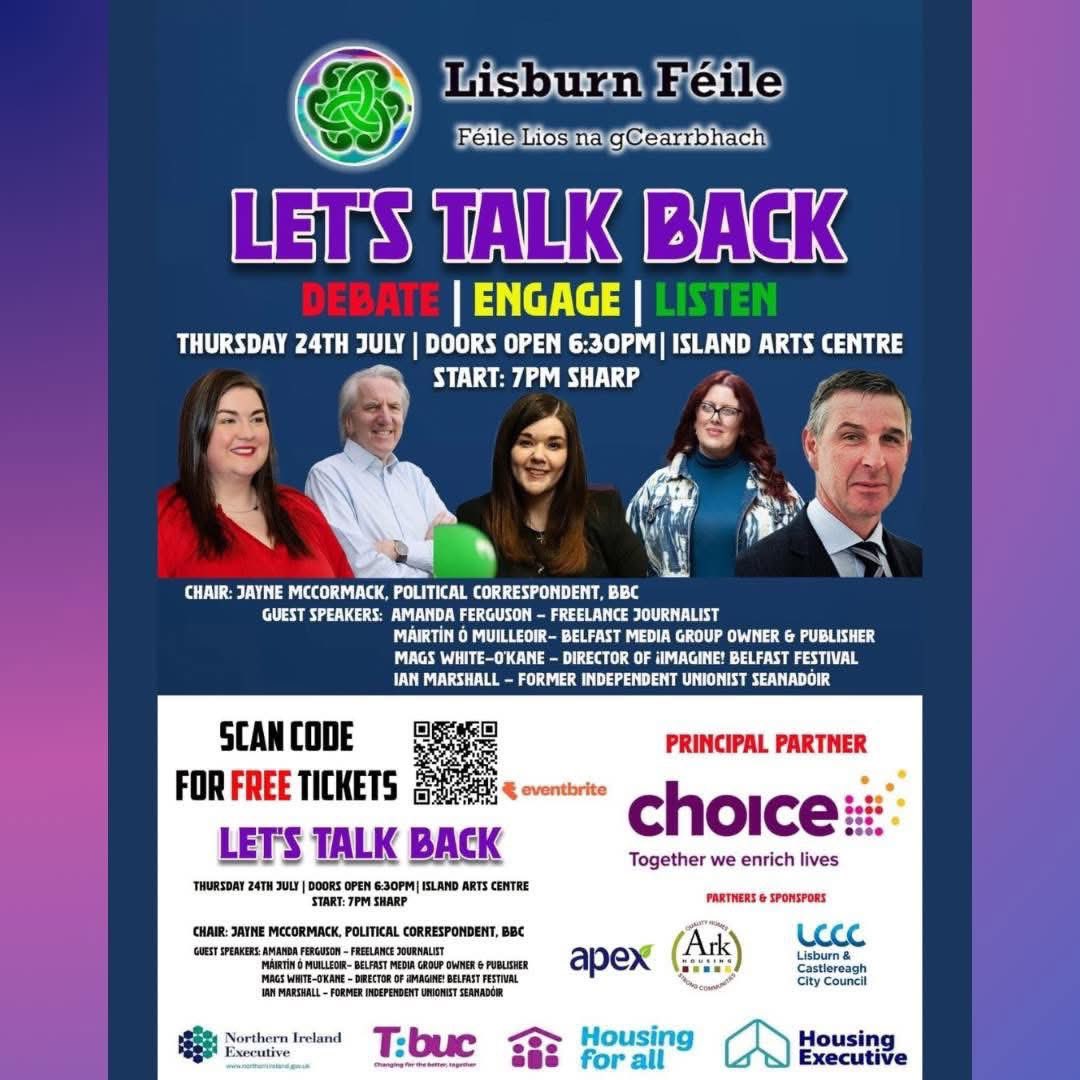 lisburnfeile's tweet image. 🎤 Let’s Talk Back – Panel Discussion
🗓️ Thurs 24 July | ⏰ 6:30pm
📍 @ISLANDartsbiz
🎟️ FREE EVENT
🔗 eventbrite.co.uk/e/141309821780…
Chair: @BBCJayneMcC
@AmandaFBelfast | @newbelfast | Mags White-O’Kane | @IanMarshall_
📩 Questions?lisburnfeile@gmail.com