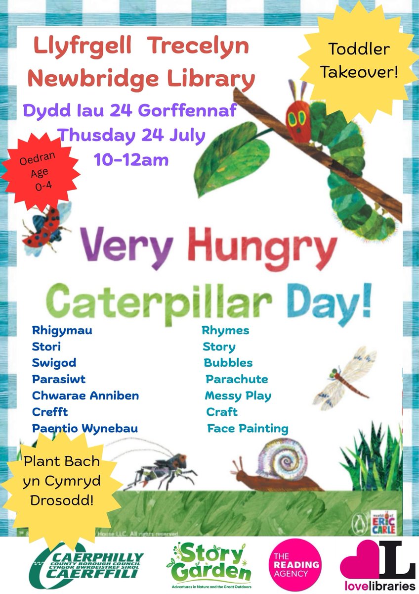 NewbridgeLib's tweet image. Boreau plant bach yr Haf hwn yn Llyfrgell Trecelyn!
🐛🍎🍐🍓🍰🍪🧀🥪🍭🍦🍃🌞🥚🦋
Toddler Takeover mornings at Newbridge Library!
@CaerphillyLibs @CaerphillyDewis @CaerphillyFIS @TynewyddNursery