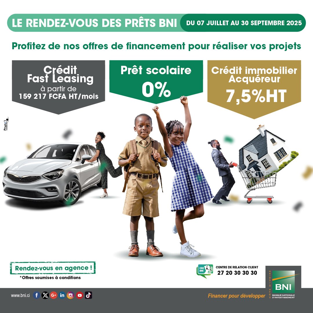 📢 CAMPAGNE LE RENDEZ-VOUS DES PRÊTS 

✔️ Le Prêt Scolaire à 0%
✔️ Le Fast Leasing à partir de 159.217 FCFA
✔️ Le C

Crédit Acquéreur à 7,5% 

📝 Intéressé(e) ? Remplissez dès maintenant votre formulaire d’inscription via ce lien urls.fr/Vbs1K_ et profitez...

#BNI