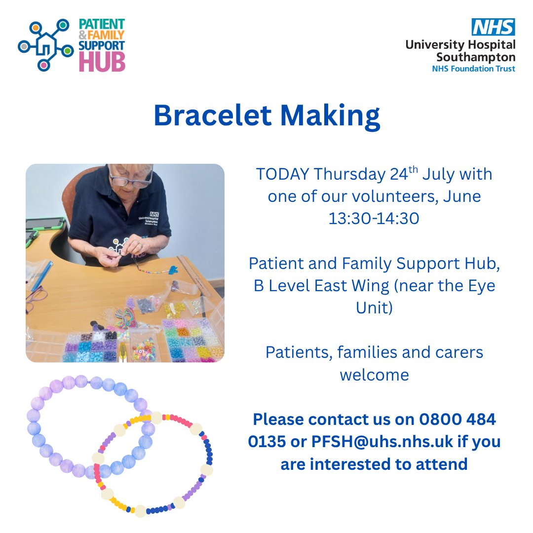 UHS_SupportHub's tweet image. Our lovely volunteer, June, will be available today in the Patient and Family Support Hub for an afternoon of bracelet making! Details below: 👇❤️