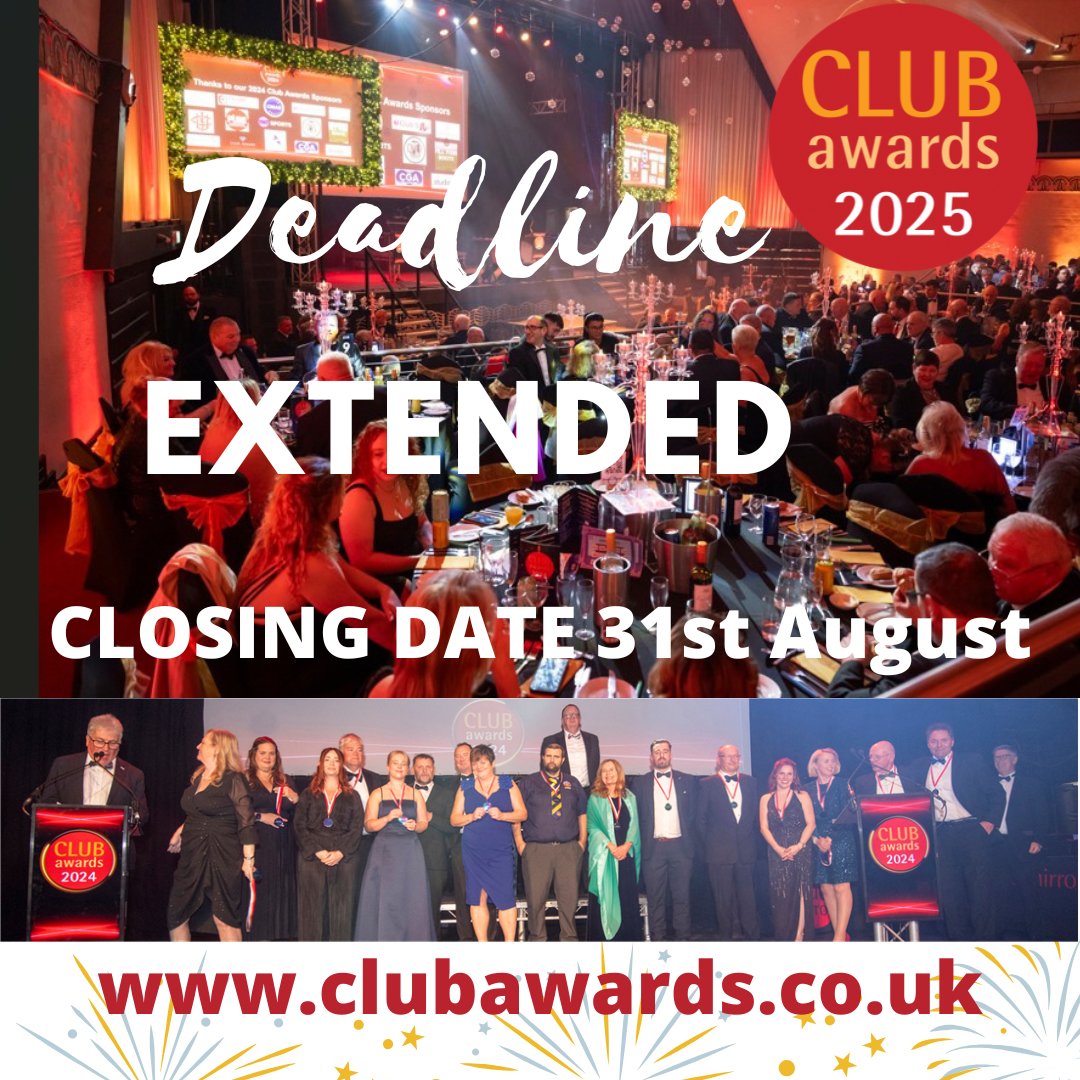 Due to popular demand, the deadline for Club Awards entries has been extended! New deadline – 31 August.
A whole range of categories including: community, entertainment, sports. Plus nominate your hard-working volunteers. Free to enter at clubawards.co.uk
#clubawards