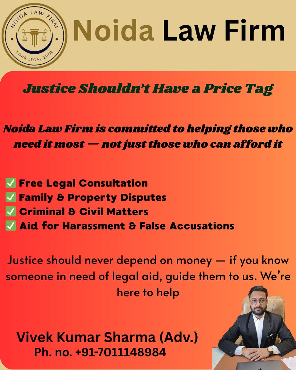 📷 Justice Deserves a Voice — Not a Price Tag!
If you or someone you know is struggling to afford legal help, don’t let them suffer in silence.
Noida Law Firm is offering free legal consultation for the needy.
#LegalAid #JusticeForAll #NoidaLawFirm