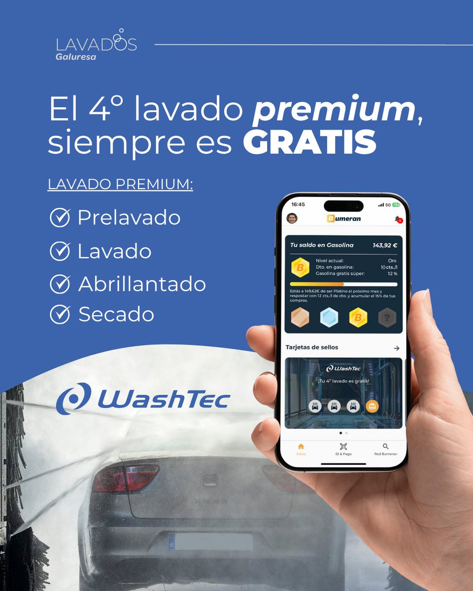 Este verano, descarga la APP y sácale partido a los beneficios. ¡El 4º lavado premium, siempre es GRATIS! Conviértete en la envidia luciendo tu coche siempre como nuevo. 
#lavadosgaluresa #washtec