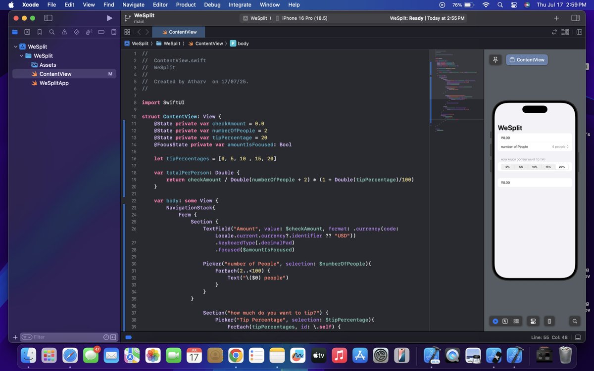 AtharvChoughule's tweet image. Day 17 of #100DaysOfSwiftUI:
Worked on user input for WeSplit used TextField, pickers, segmented controls, calculated per-person total, and added keyboard dismissal. SwiftUI’s form handling is smooth.
#Swift #SwiftUI #iOSDev #100DaysOfCode