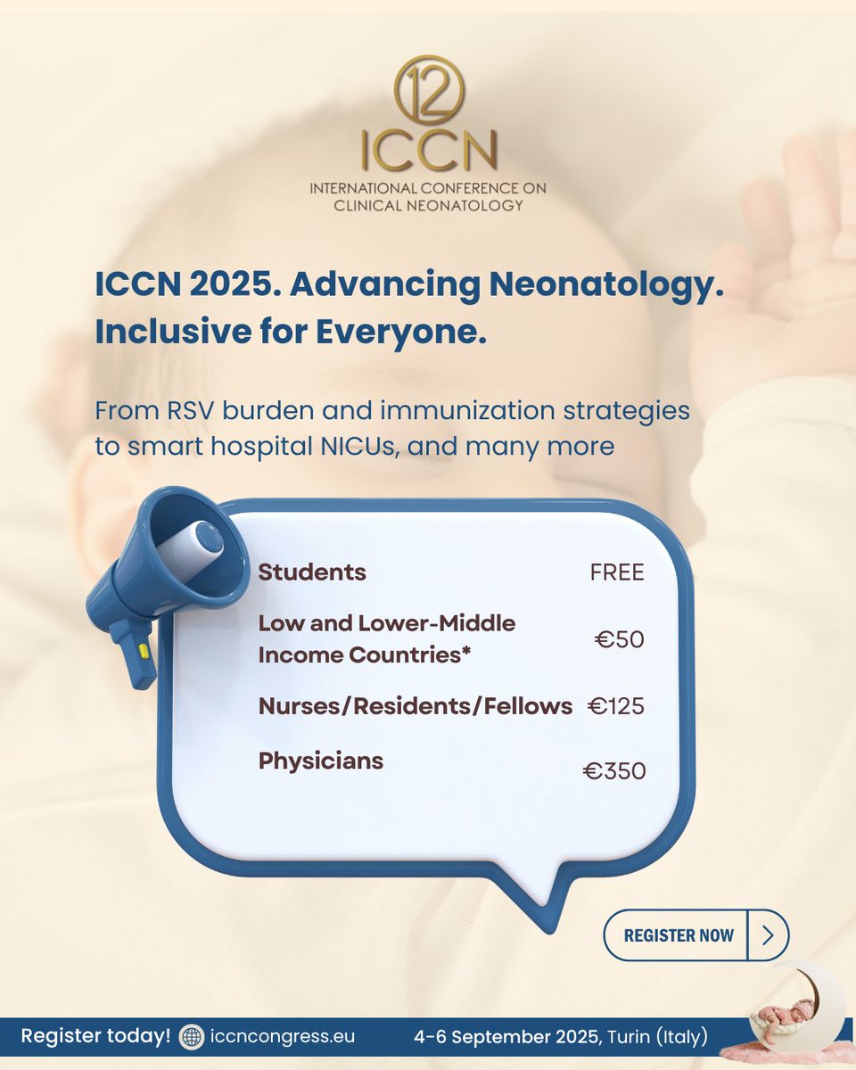 ICCN_Congress's tweet image. #ICCNcongress 2025 is committed to advancing #neonatology with registration fees inclusive for everyone — from students to early career professionals and delegates from low- and middle-income countries.
Register to the congress now👉: bit.ly/ICCN-REGISTRAT…
@NeonatologiaMex