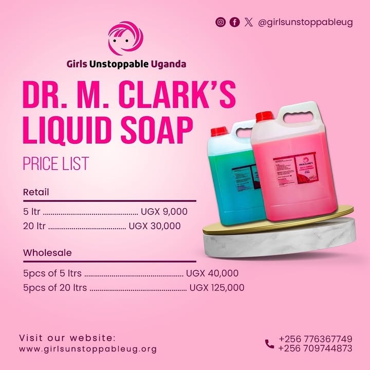 Join us in making a difference; purchase Dr. M. Clark's Liquid Soap today, available in 5L or 20L sizes. 

Your support helps empower girls and create impactful change.

📞 For orders, call: +256 776 367 749 or +256 709 744 873
#EmpoweringGirlsForImpact #1000GirlsBy2026