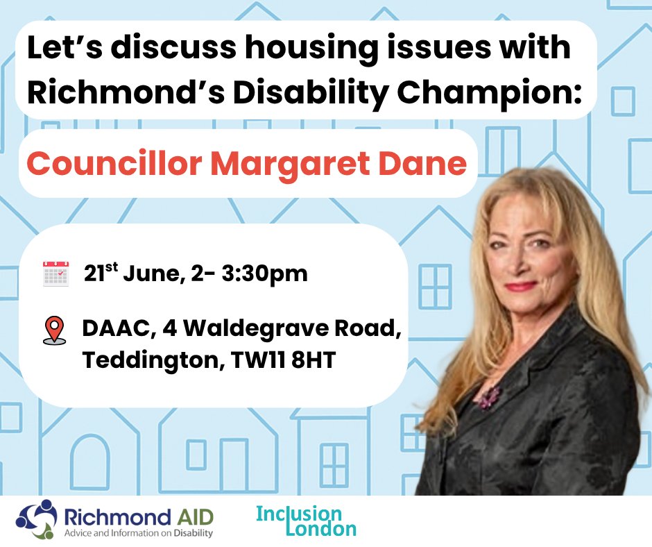 RichmondAID's tweet image. Join us next Monday 21st July as we welcome Richmond’s Disability Champion Cllr Margaret Dane to discuss housing issues and explore ways to work together.‼️
Sign up here: bit.ly/3IwSsnu
