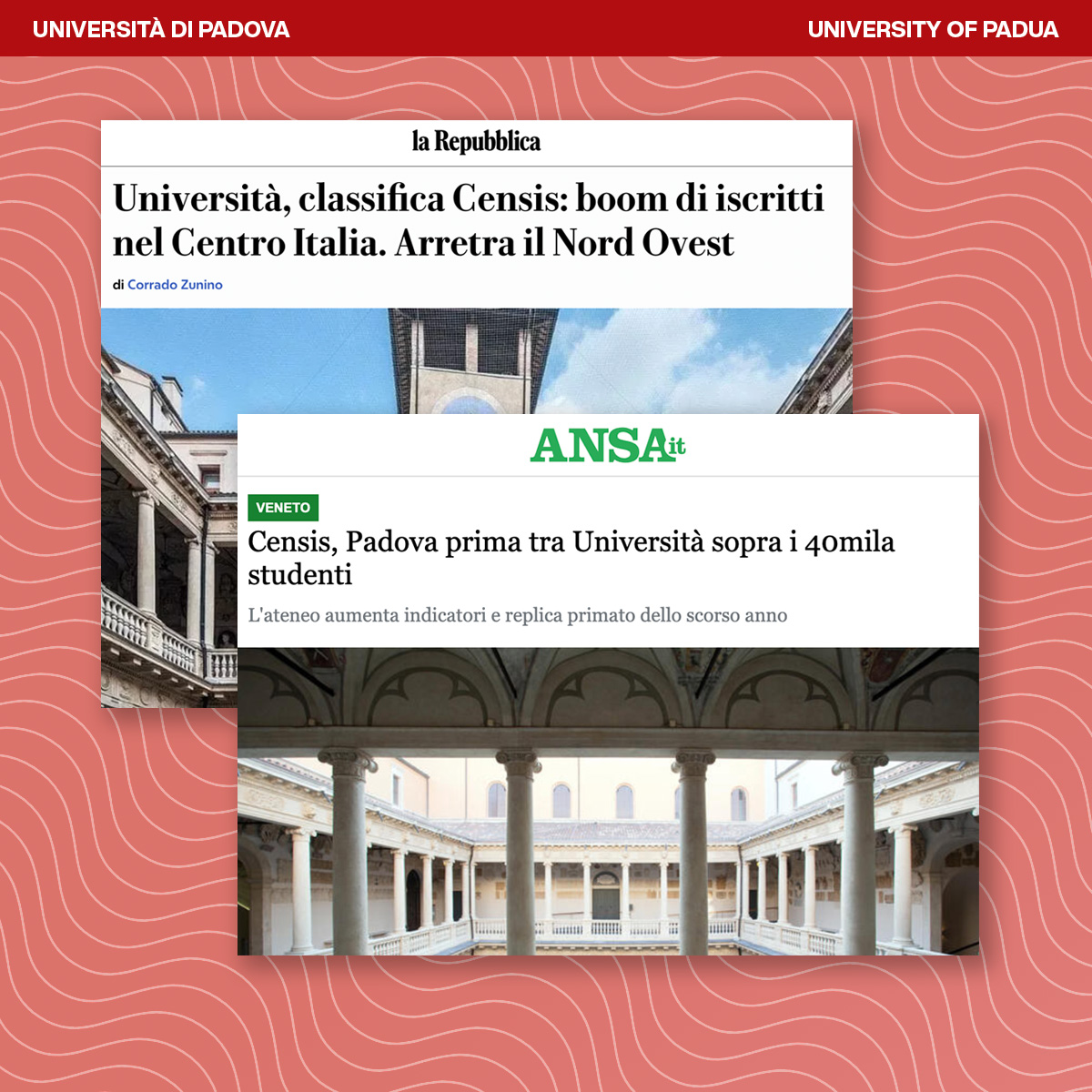 🥇 Unipd prima in Italia nella classifica Censis 2025

Siamo ancora una volta in vetta tra i mega-atenei italiani, migliorando la nostra media a 90,3 punti. 

&gt; unipd.link/censis-2025