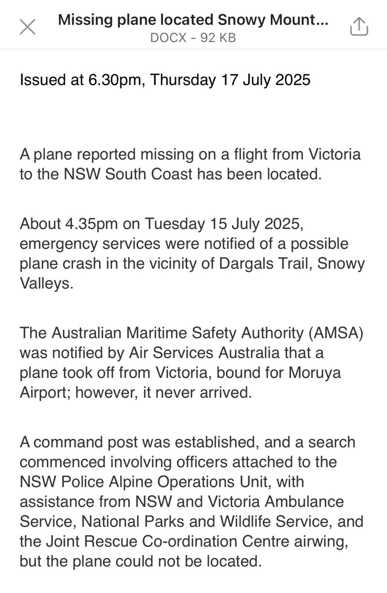M_McCormackMP's tweet image. Only scant details but wreckage of a missing plane has been located in the search area near Khancoban, according to Police media.