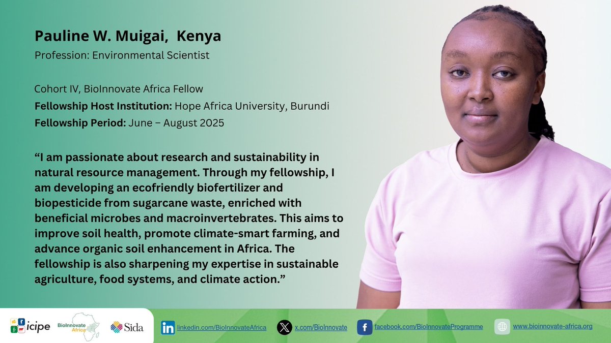 BioInnovate Africa (@bioinnovate) on Twitter photo <a href="/BioInnovate/">BioInnovate Africa</a> Africa women fellow, <a href="/PaulineMuigai4/">Pauline Muigai</a>, is turning sugarcane waste into eco-friendly biofertilizers & biopesticides to restore soil health and boost food security in sugar belt regions in Africa. Currently hosted at Hope Africa University in Burundi, her fellowship <a href="/BioInnovate/">BioInnovate Africa</a> Africa women fellow, <a href="/PaulineMuigai4/">Pauline Muigai</a>, is turning sugarcane waste into eco-friendly biofertilizers & biopesticides to restore soil health and boost food security in sugar belt regions in Africa. Currently hosted at Hope Africa University in Burundi, her fellowship