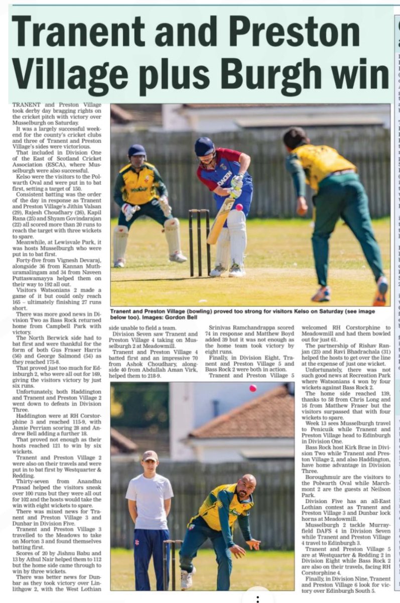 Great reporting in matches over the weekend <a href="/TPVcricket/">Tranent & Preston Village Cricket Club</a> <a href="/MusselburghCC/">Musselburgh Cricket Club</a> <a href="/kelsocc/">Kelso C</a> <a href="/WatsonianCC/">Watsonian Cricket</a> <a href="/haddington_cc/">Haddington Cricket Club</a> 
<a href="/WestquarterCC/">Westquarter CC</a> <a href="/RHCLions/">RHC Cricket Club</a> <a href="/morton_cricket/">MortonCricketClub</a>