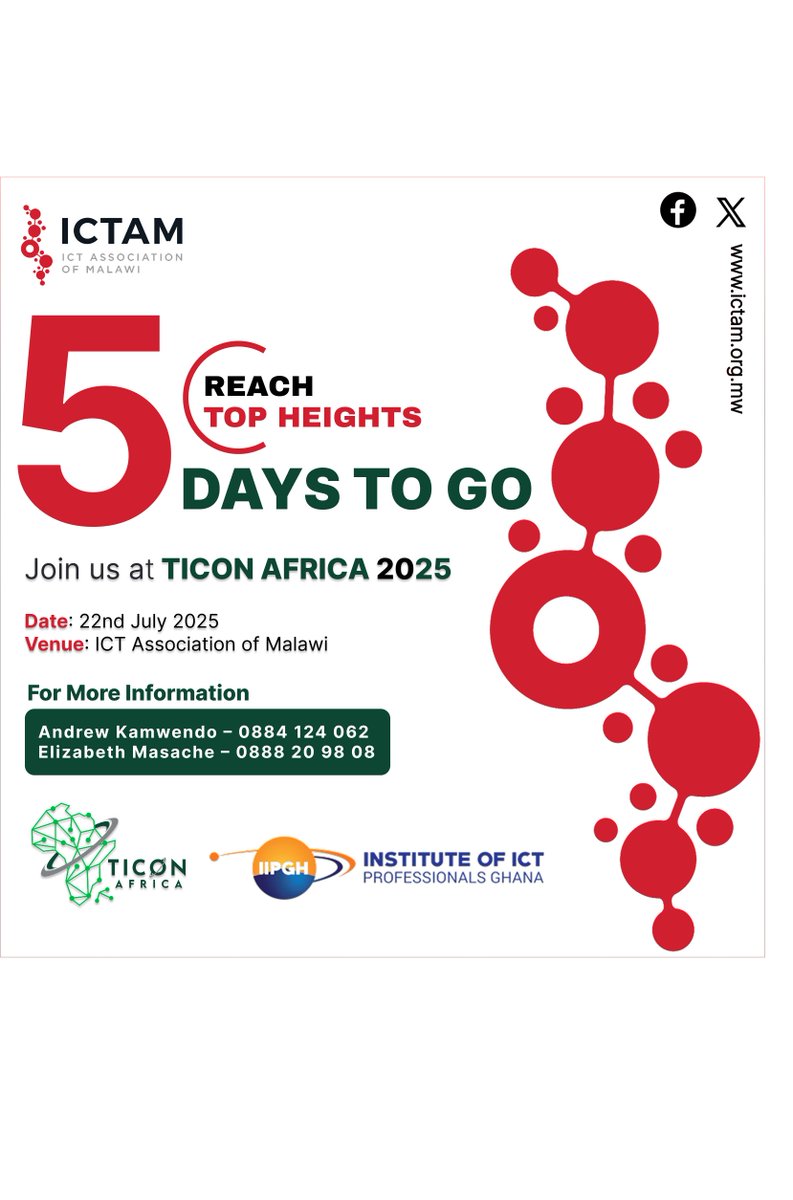 🌟 Just 5 DAYS TO GO until TICON AFRICA 2025!
Let’s come together to Reach Top Heights in tech, innovation, and African excellence!
📅 22nd July 2025
📍 ICT Association of Malawi
Tag your tech tribe and don’t miss out! 🚀
📞 Info: Andrew 0884 124 062 | Elizabeth 0888 20 98 08