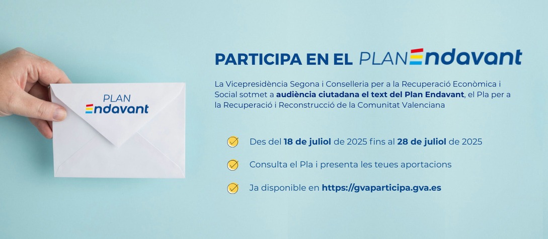 GVA Recuperació (@gvarecuperacio) on Twitter photo La <a href="/generalitat/">Generalitat</a> trau a informació pública el #PlanEndavant de Recuperació
👨👩👦👦 Objectiu: Arreplegar les aportacions de la ciutadania
📆 Des del divendres 18 al dilluns 28 de juliol
Participa ací ➡ breu.gva.es/b/mw1
Comptem amb tu La <a href="/generalitat/">Generalitat</a> trau a informació pública el #PlanEndavant de Recuperació
👨👩👦👦 Objectiu: Arreplegar les aportacions de la ciutadania
📆 Des del divendres 18 al dilluns 28 de juliol
Participa ací ➡ breu.gva.es/b/mw1
Comptem amb tu