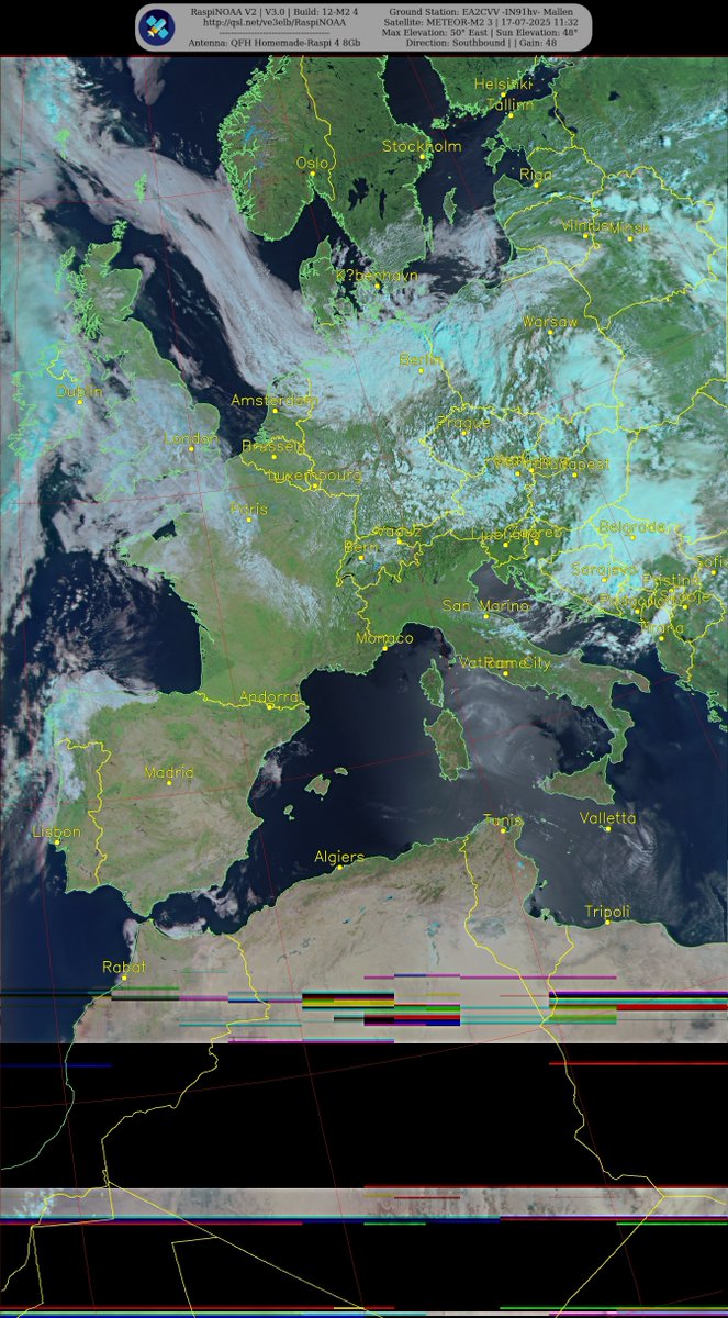 Ground Station: EA2CVV -IN91hv- Mallen METEOR-M2 3 17-07-2025 11:16 CEST  Max Elev: 50° E Sun Elevation: 48° Gain: 48 | Southbound

#NOAA15 #NOAA18 #NOAA19 #MeteorM2_3 #MeteorM2_4 #weather #APT #LRPT #wxtoimg #MeteorDemod #rtlsdr #raspberrypi