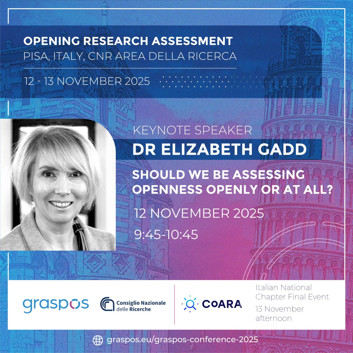 GraspOS_project's tweet image. ✨Keynote announcement!
We’re excited to welcome @LizzieGadd (@lborouniversity, @INORMS_REWG, @CoARAssessment) to deliver the keynote: Should we be assessing openness openly or at all?
🔗Registration is open: graspos.eu/graspos-confer…
#OpenScience #ResearchAssessment #OpeningRA