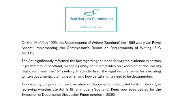 scotlawcom's tweet image. #60Billsfor60Years
Today's bill significantly modernised and simplified the law in Scotland regarding the need for writing in certain legal transactions.
Report: scotlawcom.gov.uk/files/1512/949…