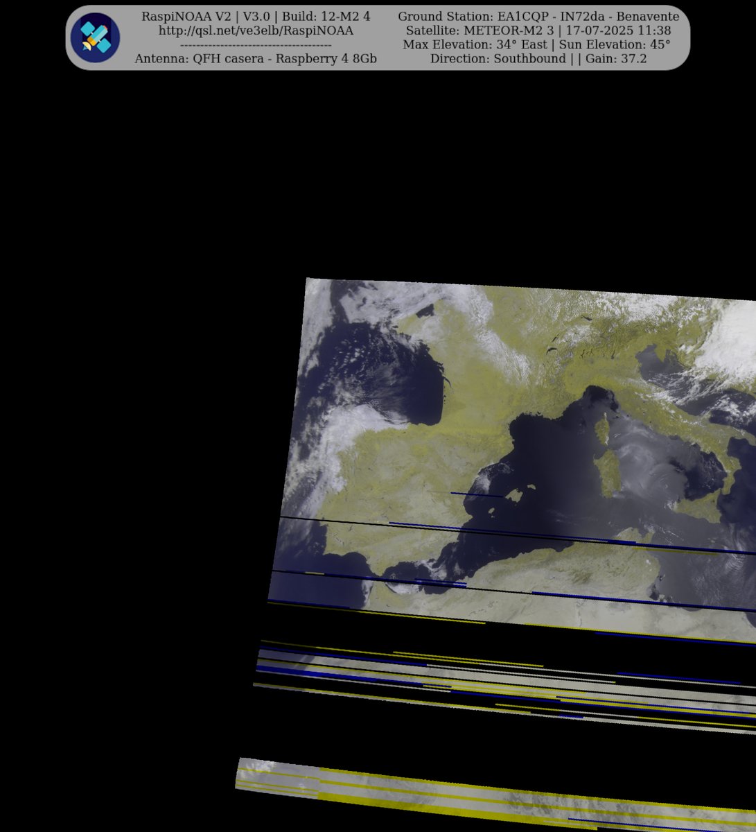 Ground Station: EA1CQP - IN72da - Benavente METEOR-M2 3 17-07-2025 11:16 CEST  Max Elev: 34° E Sun Elevation: 45° Gain: 37.2 | Southbound

#NOAA #MeteorM2_3 #MeteorM2_4 #weather #weathersats #APT #LRPT #wxtoimg #MeteorDemod #rtlsdr #gpredict #raspberrypi