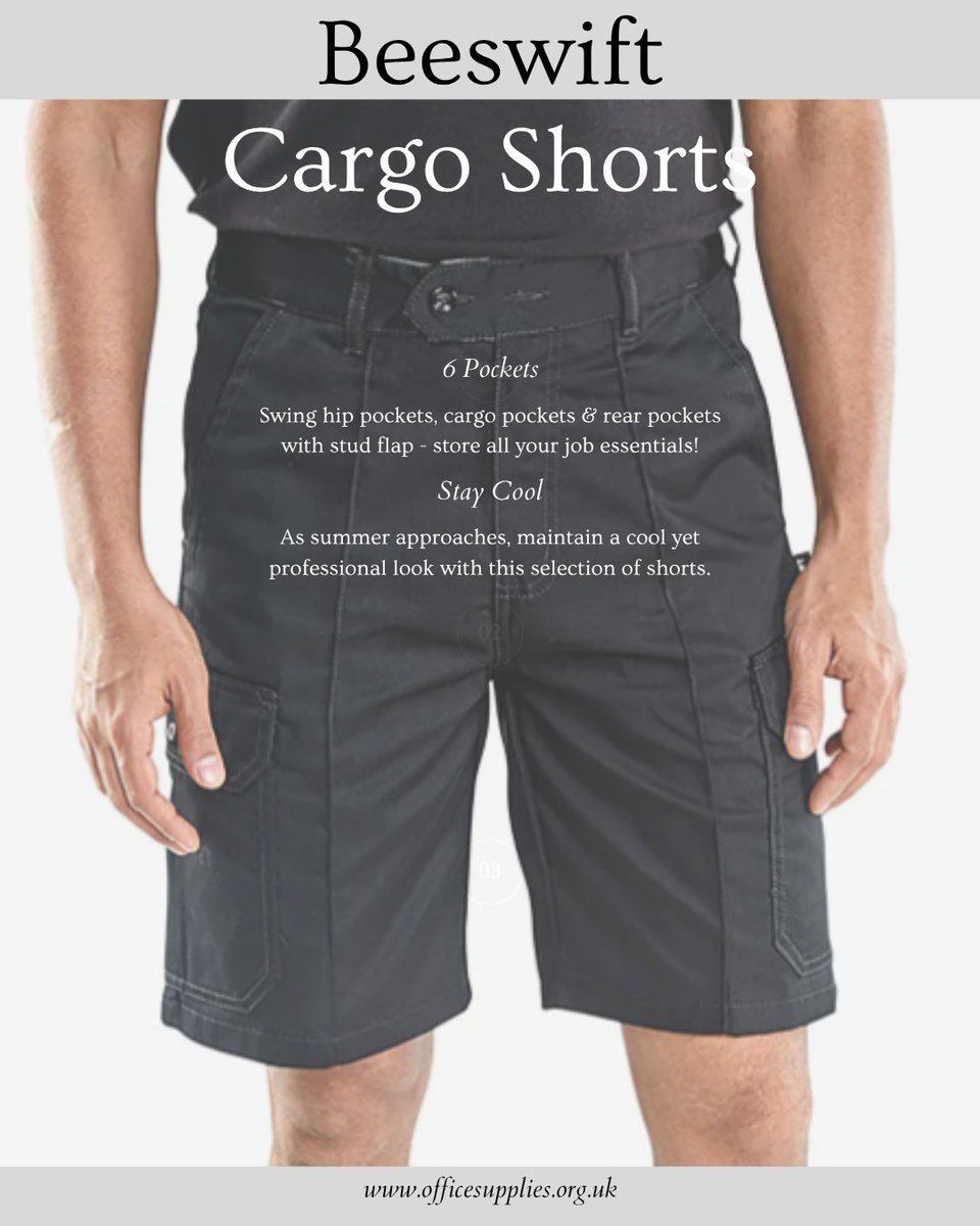 With summer here, maintain a cool but professional look with Beeswift Cargo Pocket Shorts. 

Shop the range below:
officesupplies.org.uk/workwear/cloth…
