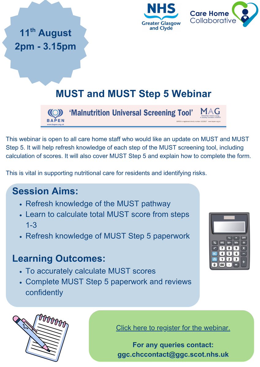 NHSGGCDiet's tweet image. 📢 Calling all care home staff!
Join us on 6 August 2025, 2–3:15pm for a refresher on MUST and MUST Step 5. @nhsggcchc @NHSGGC @BDAWOSBranch 
✅ Boost your confidence in scoring
✅ Understand the paperwork
✅ Support better nutritional care
🔗 rightdecisions.scot.nhs.uk/ggc-nutrition-…