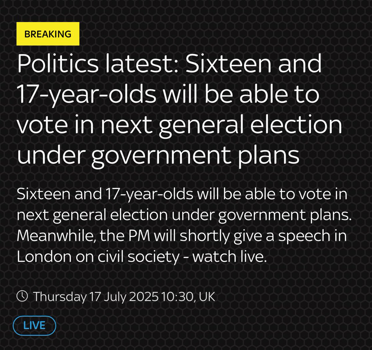 Lewis_Brackpool's tweet photo. This move reeks of desperation.

Labour knows just how unpopular this government is and is now trying to pad their support by lowering the voting age.

Not only is it short-sighted, it could potentially backfire on the political establishment.

Still, I don’t welcome this move. https://t.co/V9ZyyAYnJD