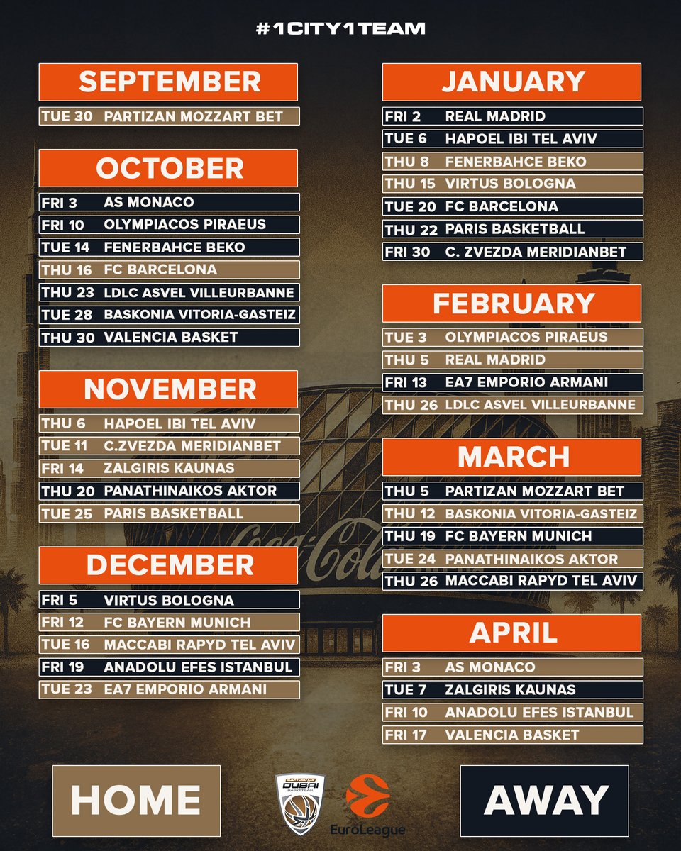 dubaibasket's tweet photo. 🗓️ Mark your calendars.
🏀 Big games, big dreams.

🔥 Dubai’s first EuroLeague journey starts now.

#1City1Team https://t.co/kRseO6VNuq