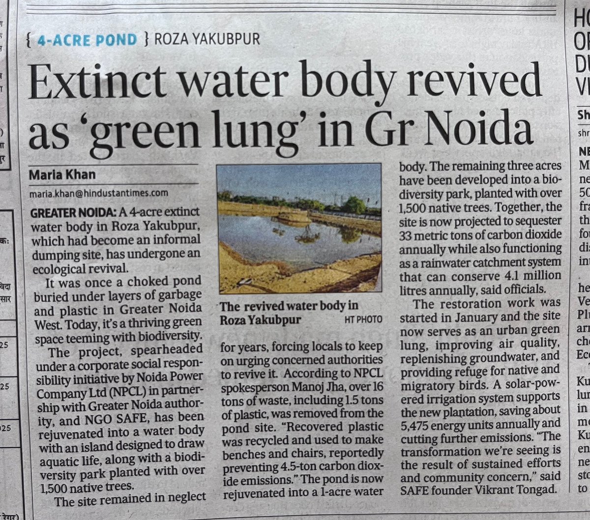 Thanks to #HT noida team for this coverage. 

Weblink of the story - lnkd.in/gFVU_bcZ

#PondRestoration 
#climatechange #sustainability, #zerowaste #ecofriendly #Workforenviroment #Vikranttongad #CSR #SafeTrust #SafeGreen #GreenCampgain #MiyawakiForest #UrbanForest
