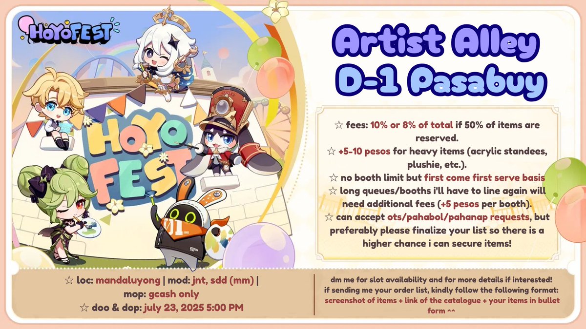 sweetchayux's tweet image. ⋆.˚꒰ঌ HOYOFEST PH D-1 Artist Alley Pasabuy ✦
♡ refer to the pic for more details! if you have any questions or would like a slot just dm me ^^
♡ fees: 10% or 8% if reserved
♡ doo & dop: July 23, 2025
wts lfb hoyo mihoyo hsr hi3 genshin gi zzz
#HoYoFEST2025 #hoyofestph