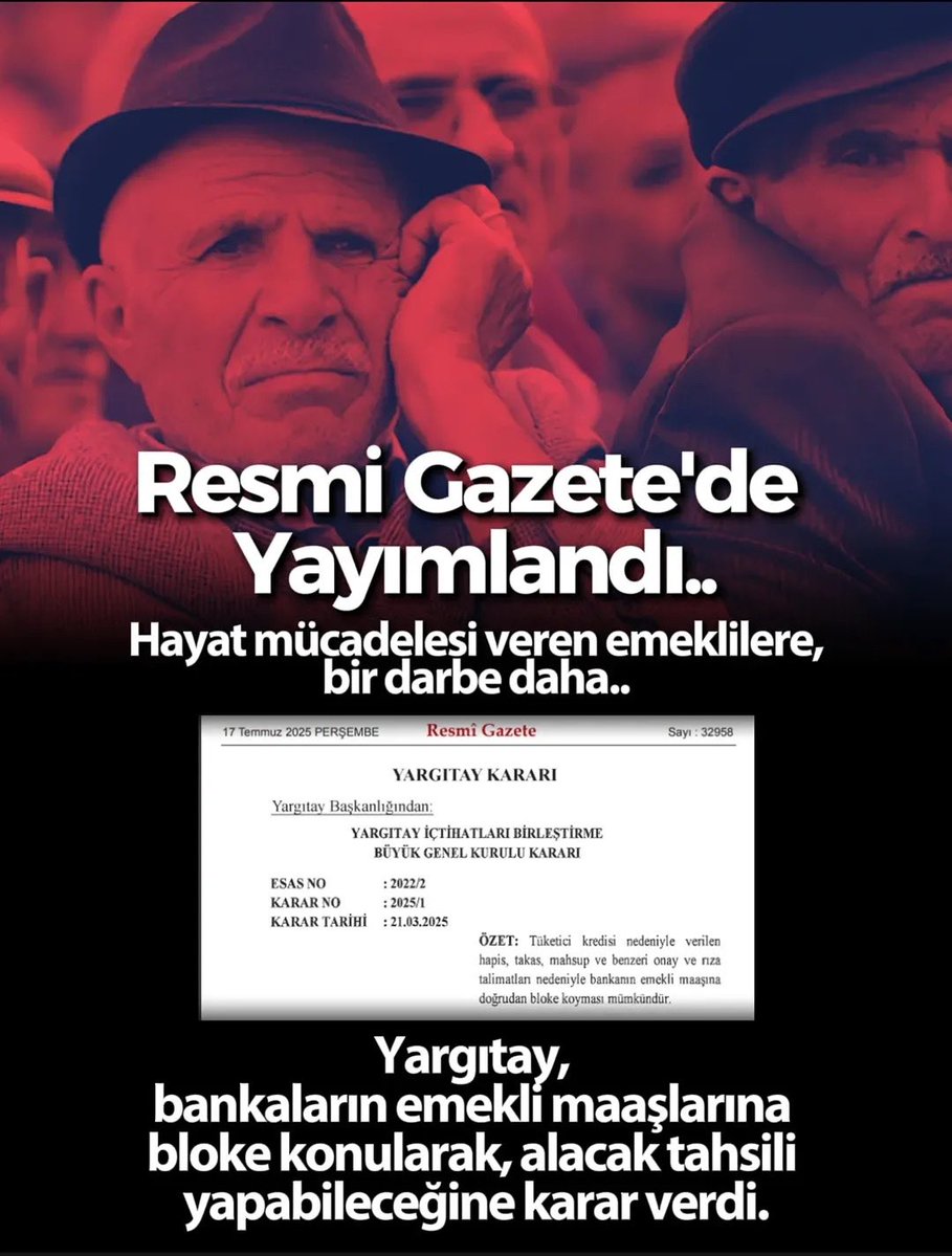 Apartikasp's tweet image. Yargıtay’ın yeni kararıyla bankalar, emekli maaşlarına bloke koyarak alacak tahsili yapabilecek.
Zaten geçinmekte zorlanan, düşük ikramiyeler, yetersiz maaşlar içerisinde bir çıkış yolu arayan milyonlarca emeklimiz için bu karar, kaygı verici bir gelişmedir.
Anahtar Parti…