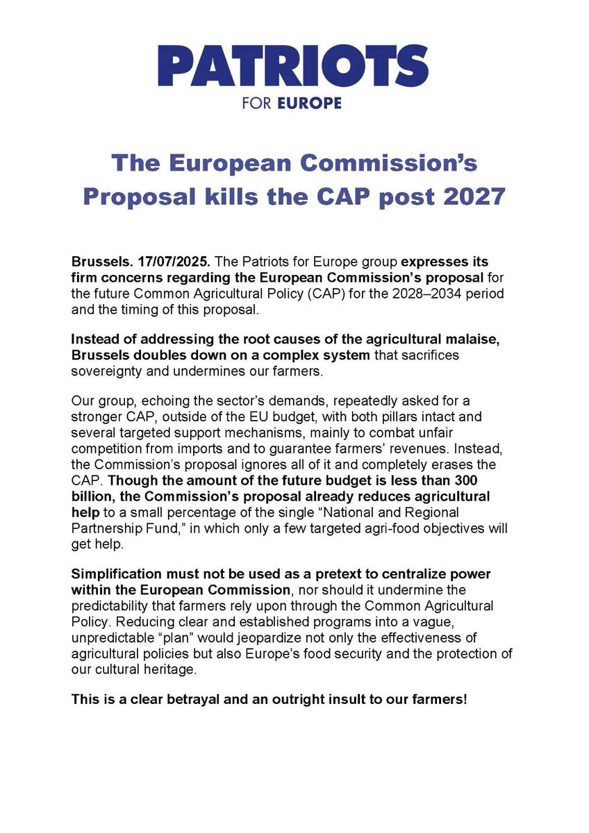 PatriotsEP's tweet image. 🚨 Brussels wants to dismantle the CAP.
We won't let it happen. Europe’s future is rooted in its land — and its land is protected by farmers 🚜🌾
Patriots for Europe will fight every day for food security, sovereignty, and dignity.
📄 Read our statement: