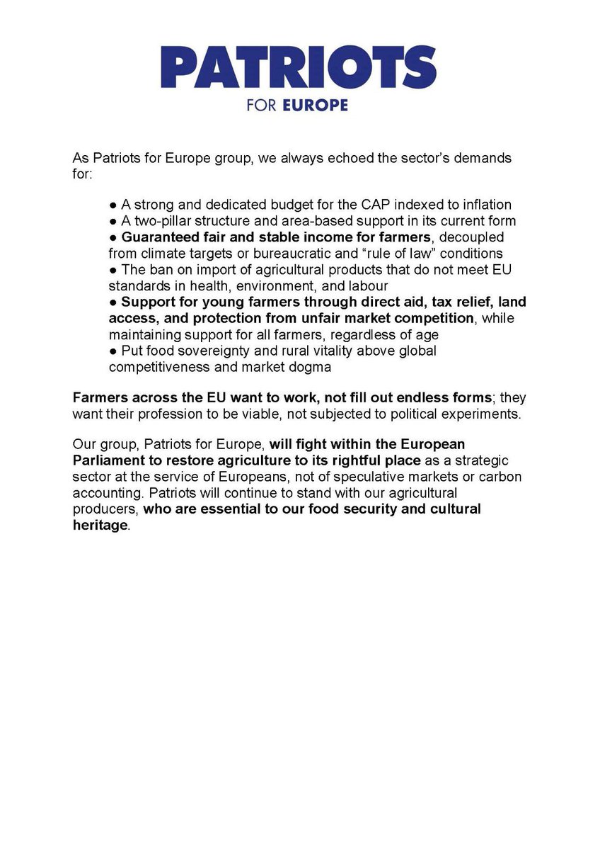 PatriotsEP's tweet image. 🚨 Brussels wants to dismantle the CAP.
We won't let it happen. Europe’s future is rooted in its land — and its land is protected by farmers 🚜🌾
Patriots for Europe will fight every day for food security, sovereignty, and dignity.
📄 Read our statement: