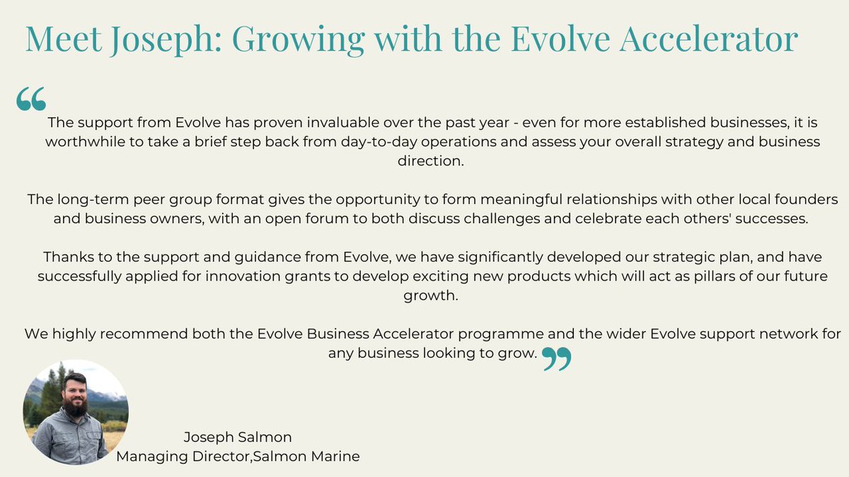 Applications now open for the Evolve Business Accelerator – Sept 2025!

Joseph Salmon, MD of Salmon Marine, says: “We’ve developed our strategy, secured grants &amp; built lasting connections.”

👉  Apply now: evolveadvisory.co.uk/service/busine…

#EvolveAccelerator #StartupSupport #BCPBusiness