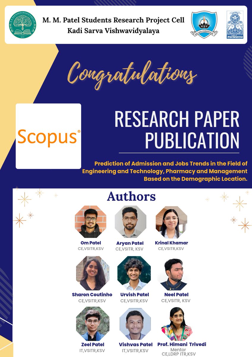 VidushITR's tweet photo. 🎉 Proud moment for VSITR!
Our students have successfully published a Scopus-indexed research paper on predicting admission & job trends based on demographic insights.
🙏Special thanks to Prof. Himani Trivedi for her valuable guidance.
#VSITR #KSV #SVKM #MMPSRPC https://t.co/YkqRayOdmX
