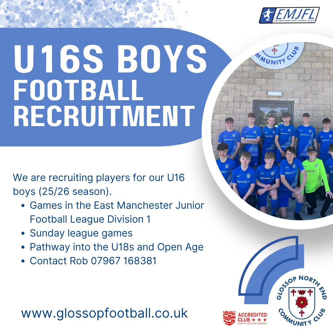 📢 U16s Squad Recruitment

We're recruiting for our U16 teams for the 25–26 season! The boys play in the EMJFL &amp; the girls in the SMGFL, both have pathways to U18s &amp; 1st team.

Register your interest now: bit.ly/GNECC2526 or contact the coaches listed in the pictures.
