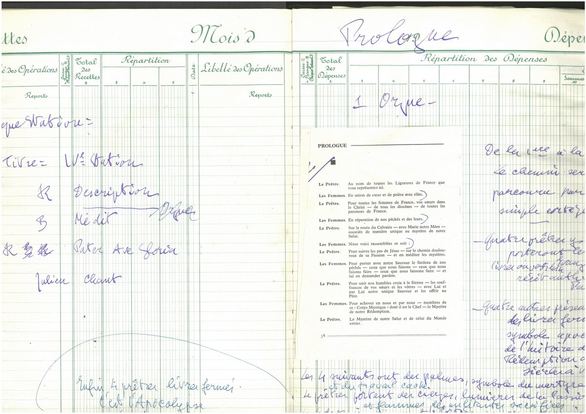 ArchivesEglise's tweet image. Pour les 50 ans de la Ligue féminine d'action catholique française (LFACF) à #Lourdes en 1952, le déroulement de la veillée et du #chemindecroix a été préparé… sur un cahier de comptabilité.
La pénurie de papier, qui perdure jusqu'au début des années 1950, incitait au réemploi.