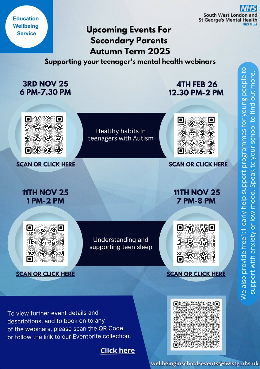The Education Wellbeing Service are presenting several new webinars during the Autumn term, focusing on supporting teenage mental health. Book through Eventbrite using the QR code below, or via this link: 
cheaml.ink/bm2s
